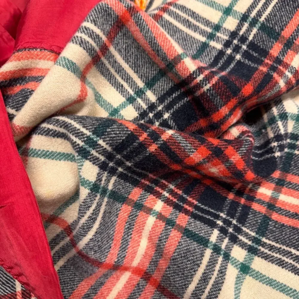 Vintage Golden Dawn Wool Plaid Blanket Satin Trim Cream Red Green 80”x72”
